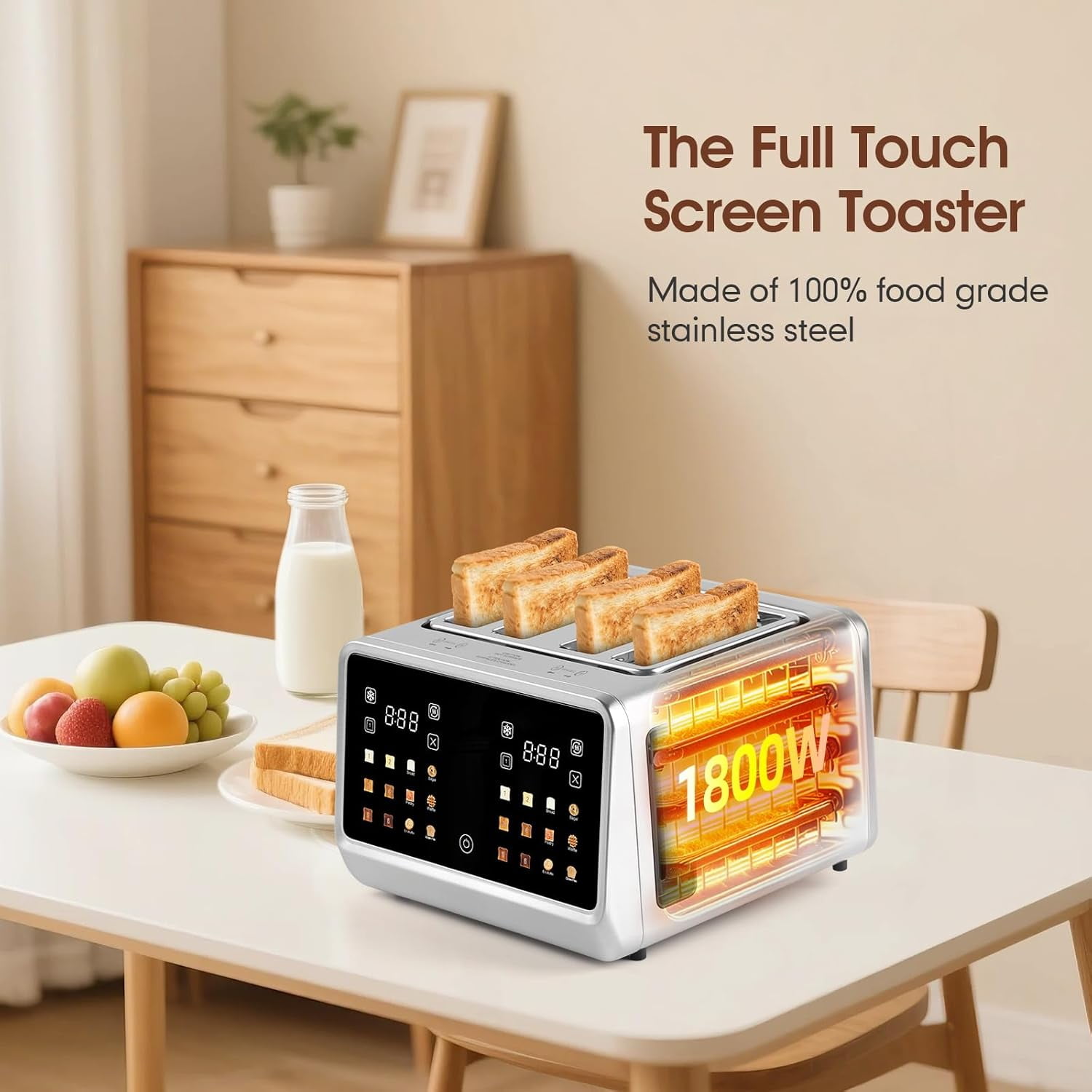4 Slice Touch Screen Toaster with LCD Display Stainless Steel Digital Toasters 6 Bread Types& Shade Settings Smart Extra Wide Slots With Bal Cancel Defrost Reheat Functions