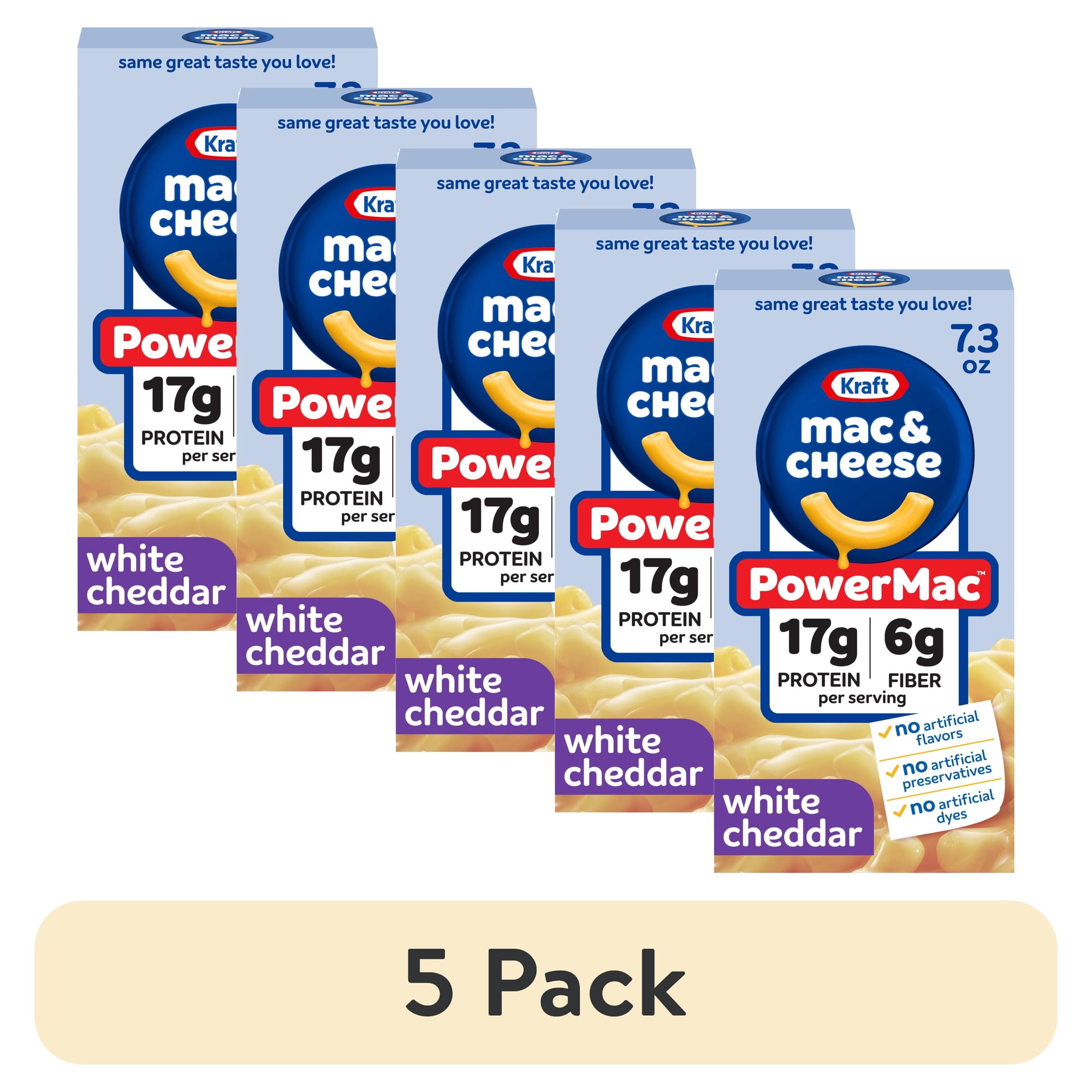 (5 pack) Kraft PowerMac Mac and Cheese, 1 Box, for Protein Easy Dinners or Dinner Sides, White Cheddar Flavor, 17g Protein and 6g Fiber per Serving, No Artificial Flavors, Preservatives or Dyes, 7.3 oz