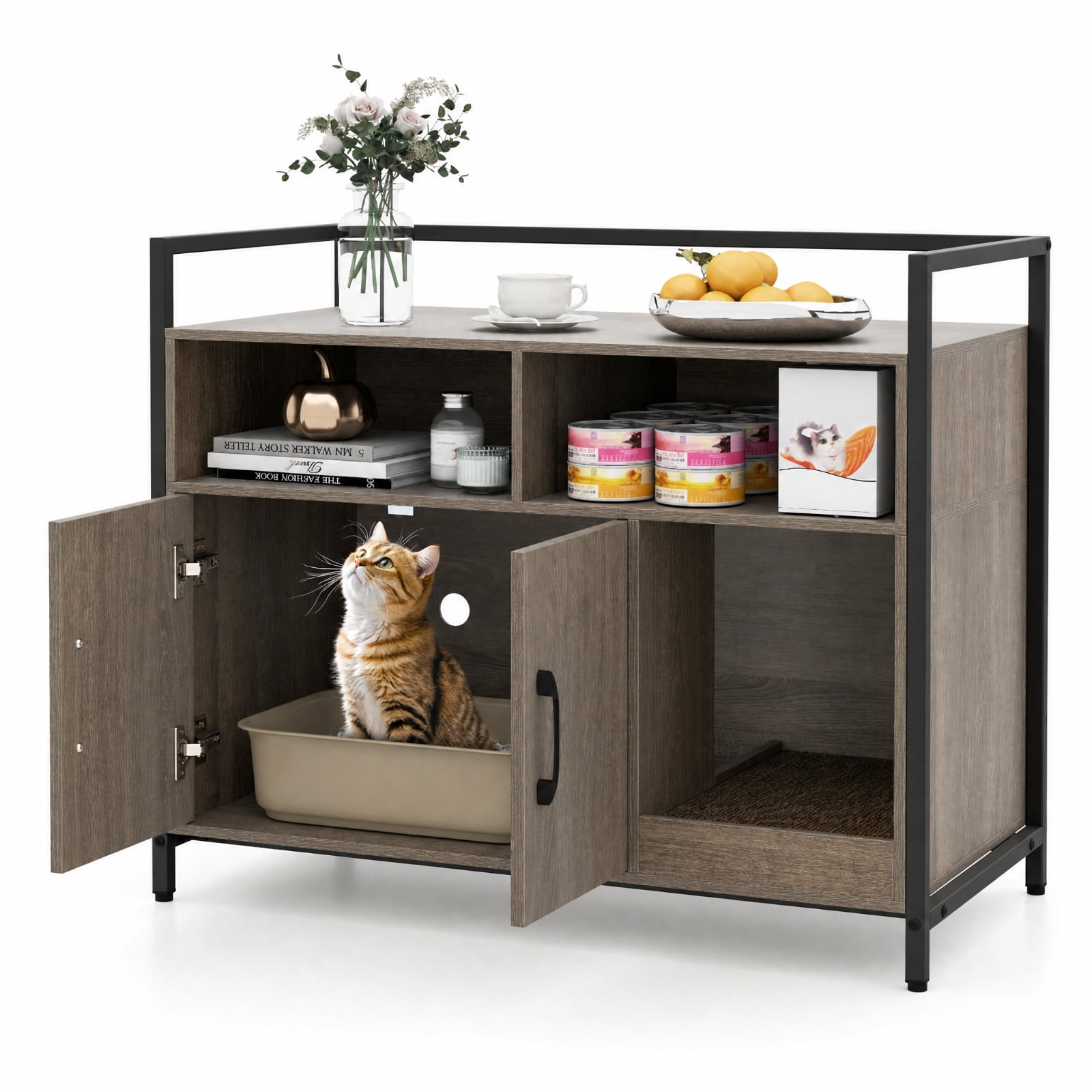SUGIFT Hidden Cat Litter Box Enclosure, Wooden Cat Washroom Furniture with Double Doors, End Side Table Cat House Cabinet, Oak