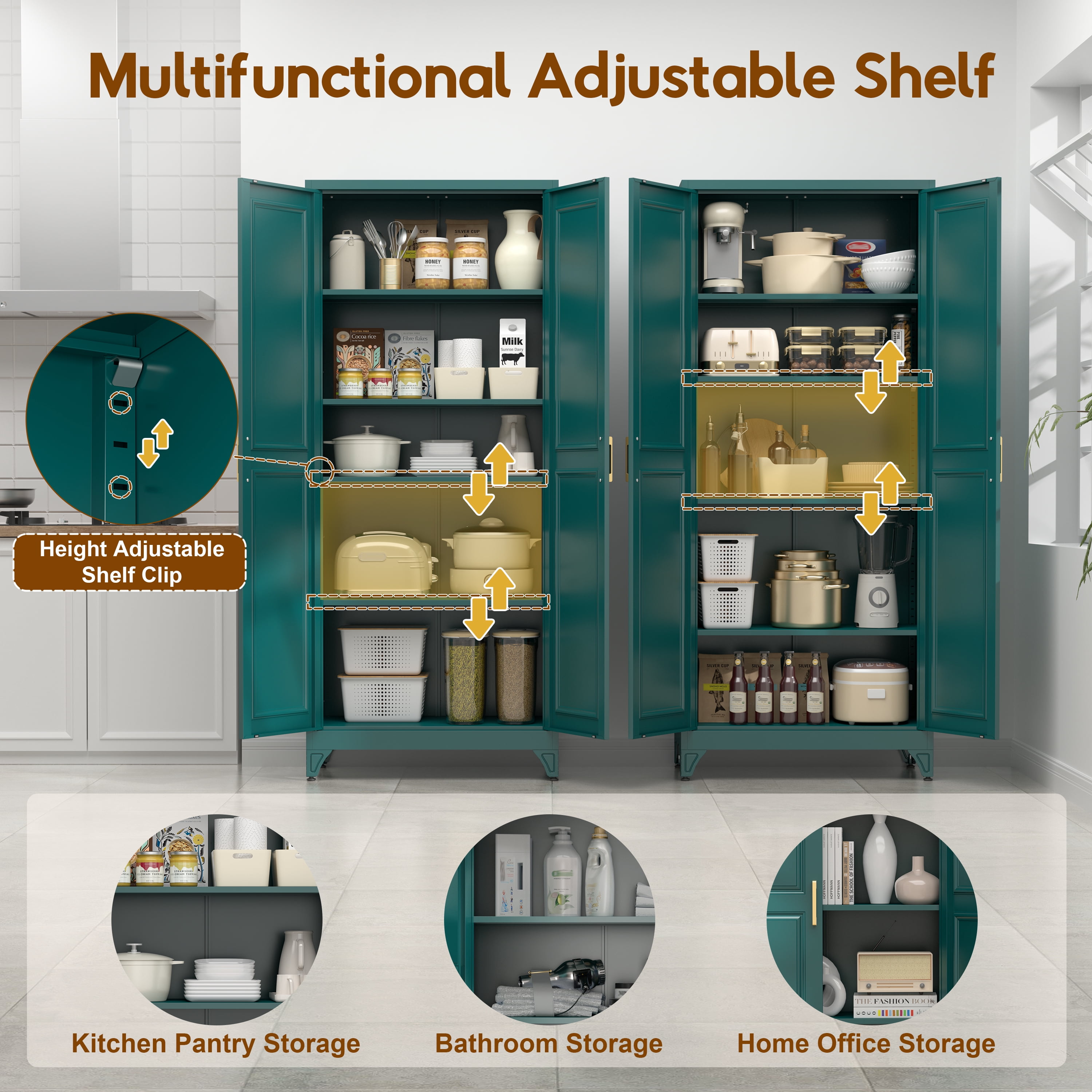 Polup 75" H Metal Modern Kitchen Storage Cabinet with 4 Adjustable Shelves Green