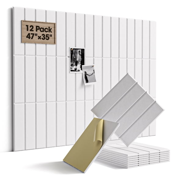 Large Cork Board, 12 Pack 12"X12"X0.4" Felt Bulletin Board Tiles with Self Adhesive for Wall Home Office Decor, Pin Cork Boards-White