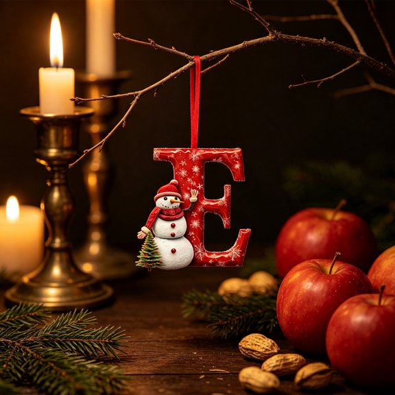 A‑Z Snowman 26 Letter Christmas Tree Ornaments, 2D Flat Acrylic Hanging Initial Ornament Pendants, Red Snowman Alphabet Decor for Xmas Party Holiday Decoration