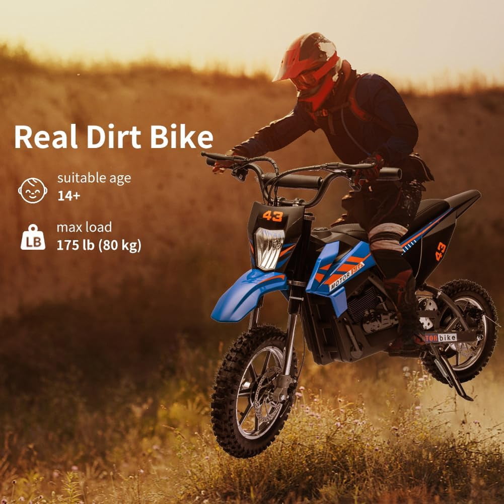 36V Kids Ride on Dirt Bike,15.5MPH Fast Speed Electric Battery-Powered Off-Road Motorcycle 500W Brushed Motor,Max Load 175 lbs,LED Light,Leather Seat,Disc Brake,Air-Filled Tires (Blue)