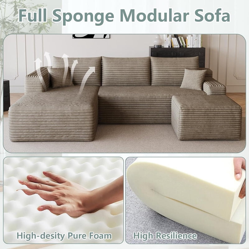 94'' Comfy U-Shaped Sectional Modern Corduroy Couch with Chaise ‌and Ottoman‌, Upholstered Modular Cloud Sofa for Living Room, Left Facing Chaise