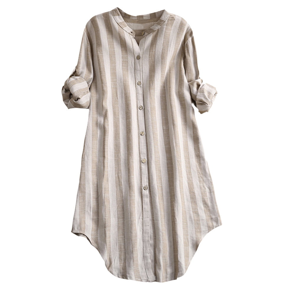 Women Striped Cotton Linen Top NDGDA Ladies Button Up Pullover Loose T Shirt Plus Size Tunic Blouse 