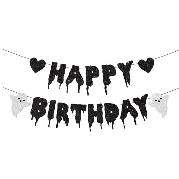WMGHA Halloween Birthday Party Decorations -Black Glitter Halloween Birthday Banner Black Heart Skull Garland Happy Birthday Decor for Halloween Party Decorations Theme Baby Shower Supplies