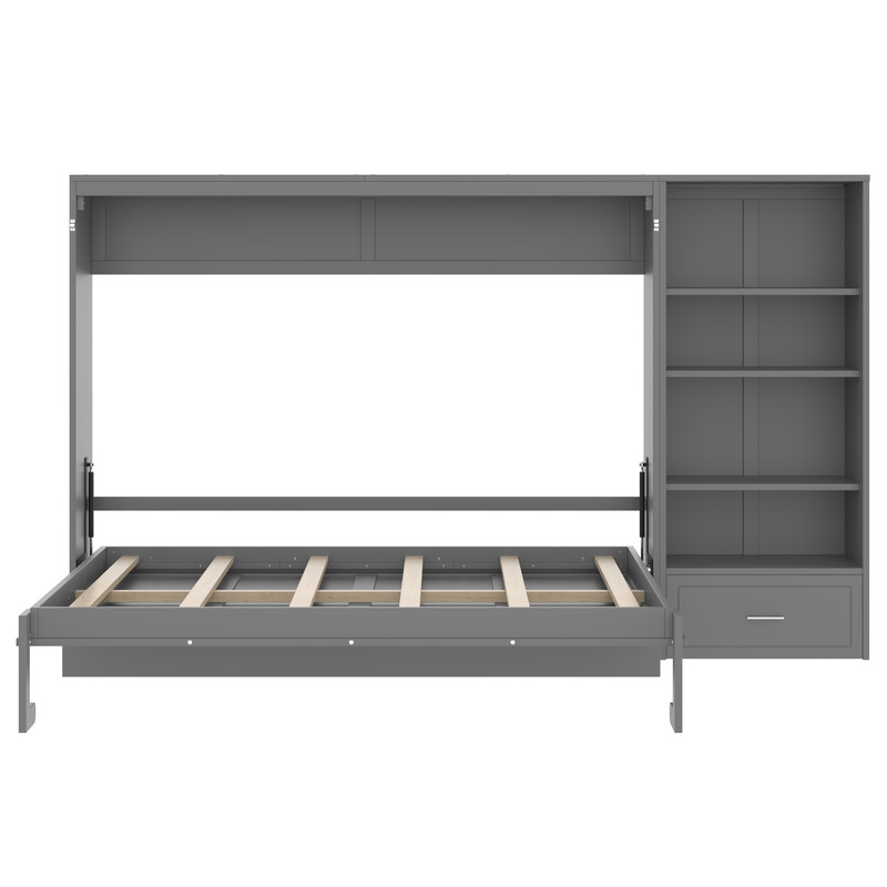 Queen Size Wall Murphy Bed with Adjustable Shelf, All-in-One Storage Bed Frame with Drawer, Folding Platform Bed for Guest Room