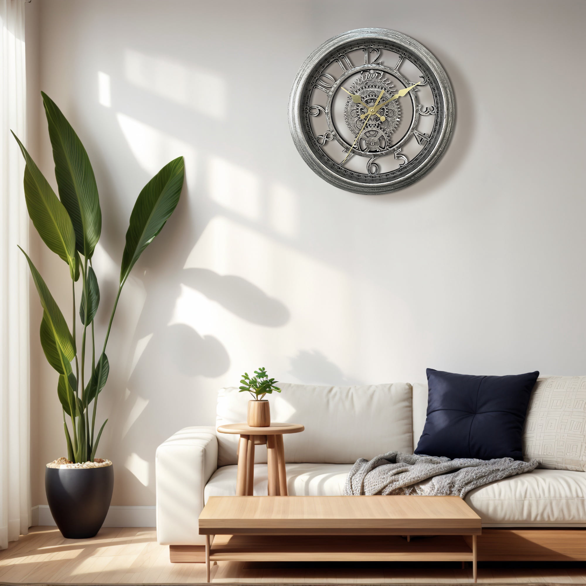 Unique Bargains Rustic Farmhouse Gear Clock with Moving Gears Wall Clock Silver