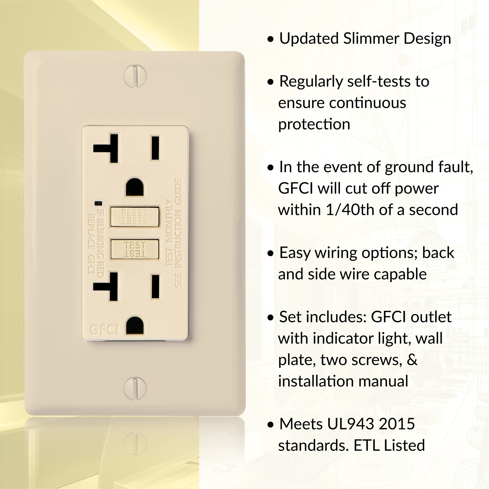 Faith 20A GFCI Outlets, Slim, GFI Receptacles with Wall Plate, Ivory, 10 Pack