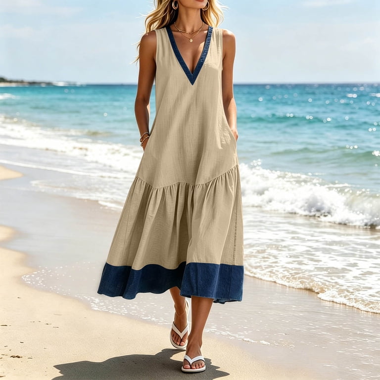 beach linen dress women Tqcoqu Dresses for Women,Summer Sleeveless V Neck Maxi with Pockets,Lightweight Flowy for Summer Trips,Beige Women's S-XXL upload-20240722