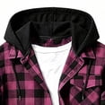 thumbnail image 5 of Men's Loose Fit Plaid Flannel Shacket Drawstring Hood Long Sleeve Button Up Casual Outdoor Shirt Jacket with Pocket Hot Pink S, 5 of 8
