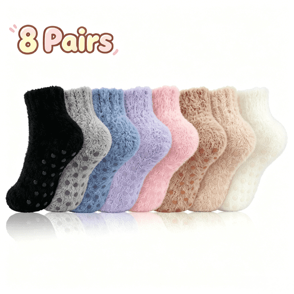 TRANSLINK 8 Packs Womens Ankle Fuzzy Crew Socks Non Slip Warm Cozy Winter Slipper Socks Gift Size 5-9