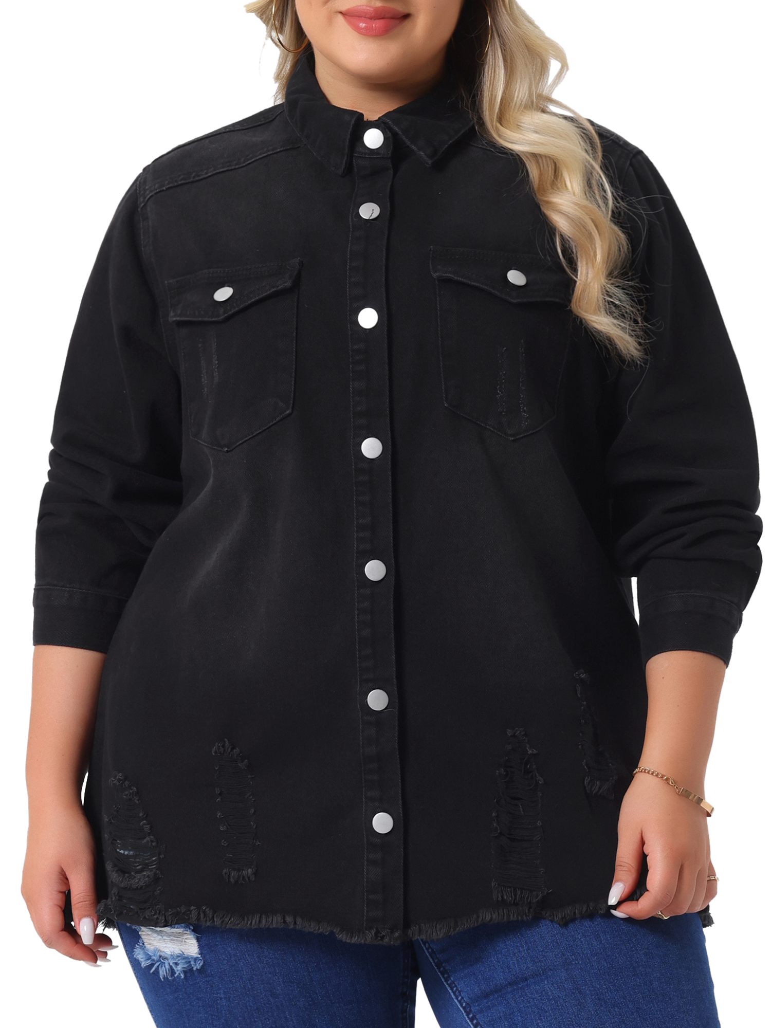 DARING DIVA Women's Plus Size Button Down Long Distressed Denim Jacket 3X Black