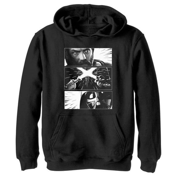 Boy's Star Wars: Obi-Wan Kenobi Darth Vader vs Kenobi Grayscale Battle Panels Pull Over Hoodie Black X Large