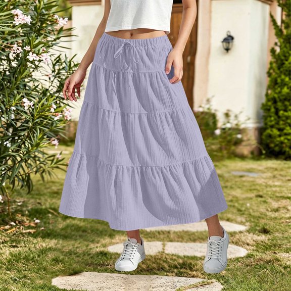Wovilon Girls Solid Color Tiered Maxi Skirt with Drawstring Waist, Casual Textured A-Line Long Skirt for Kids and Teens, Versatile Summer Vacation Daily Wear