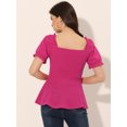 thumbnail image 4 of Top peplum con volantes para mujer Blusa elegante de trabajo de oficina con cuello de corazón y mangas abullonadas Rosa Caliente L, 4 of 5