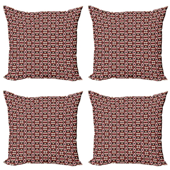 Ambesonne Geometric Throw Pillow Cover 4 Pack, Striped Boho Triangles, 18", Dark Maroon Vermilion