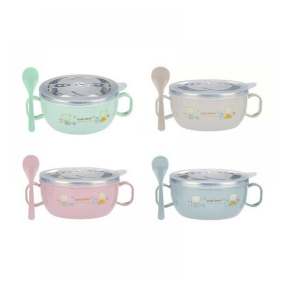 4 Colors Baby Bowl Stainless Steel Insulation Bowl Spoon Set Children Tableware Cartoon Printed Children Food Bowl