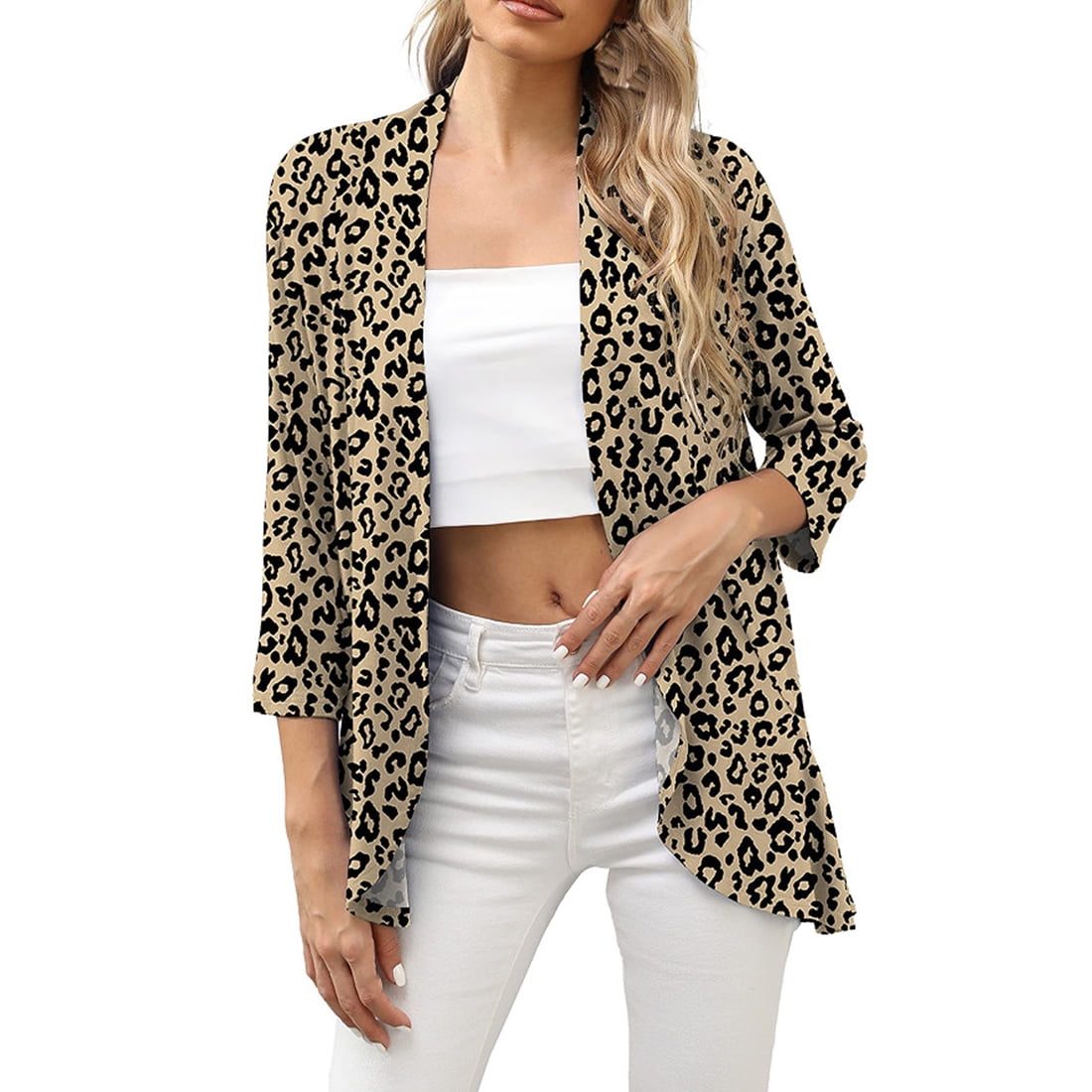 Hanerdun Women's Open Front Cardigan Sweaters 3/4 Sleeve Ruffles Kimono, Leopard XL