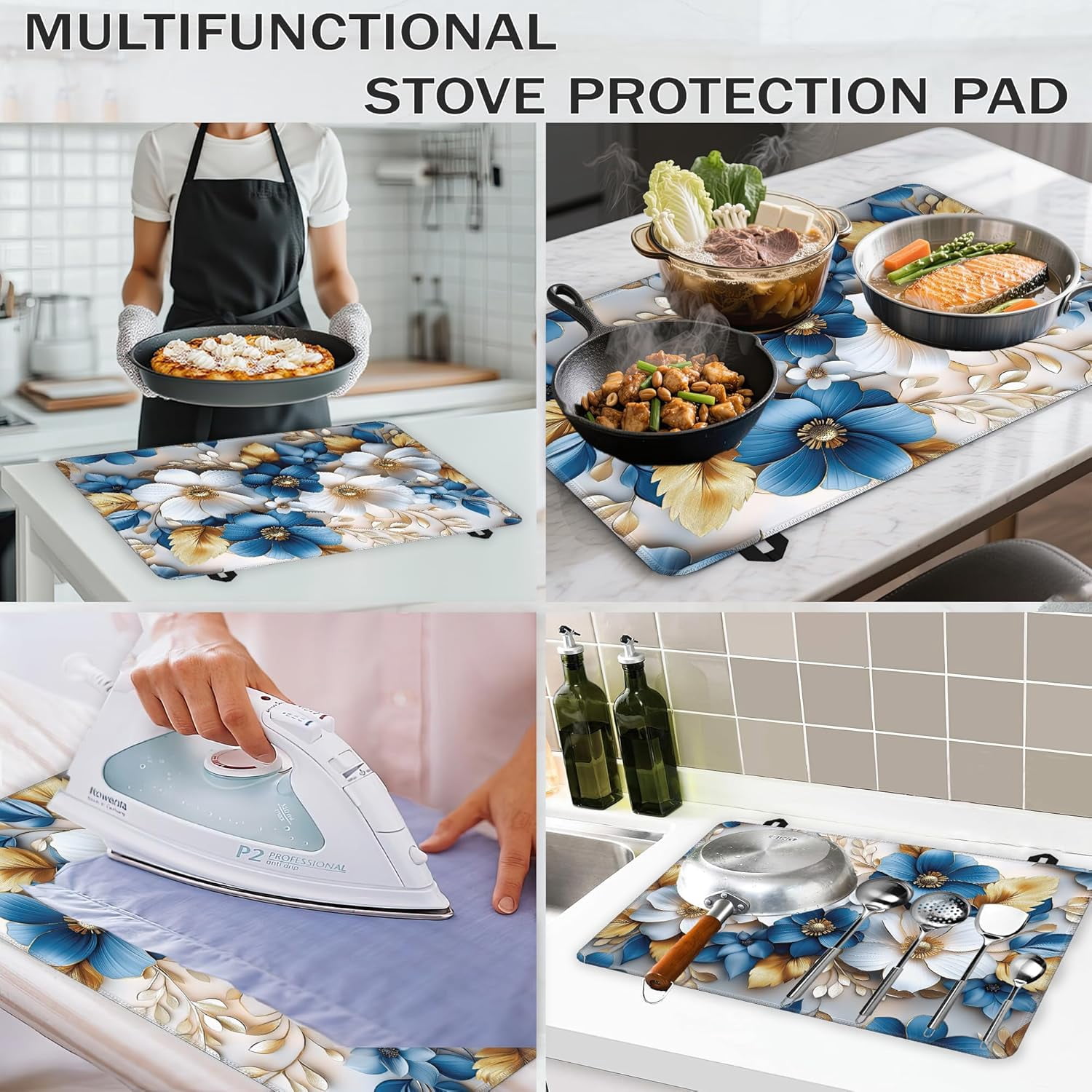 Groovy Flower Glass Top Stove Cover Protector,Modern Blue White Gold Flower Heat Resistant Stove Top Cover, Large Size Range Covers for Electric Stove Countertop Mat, 28 x 20 Inch