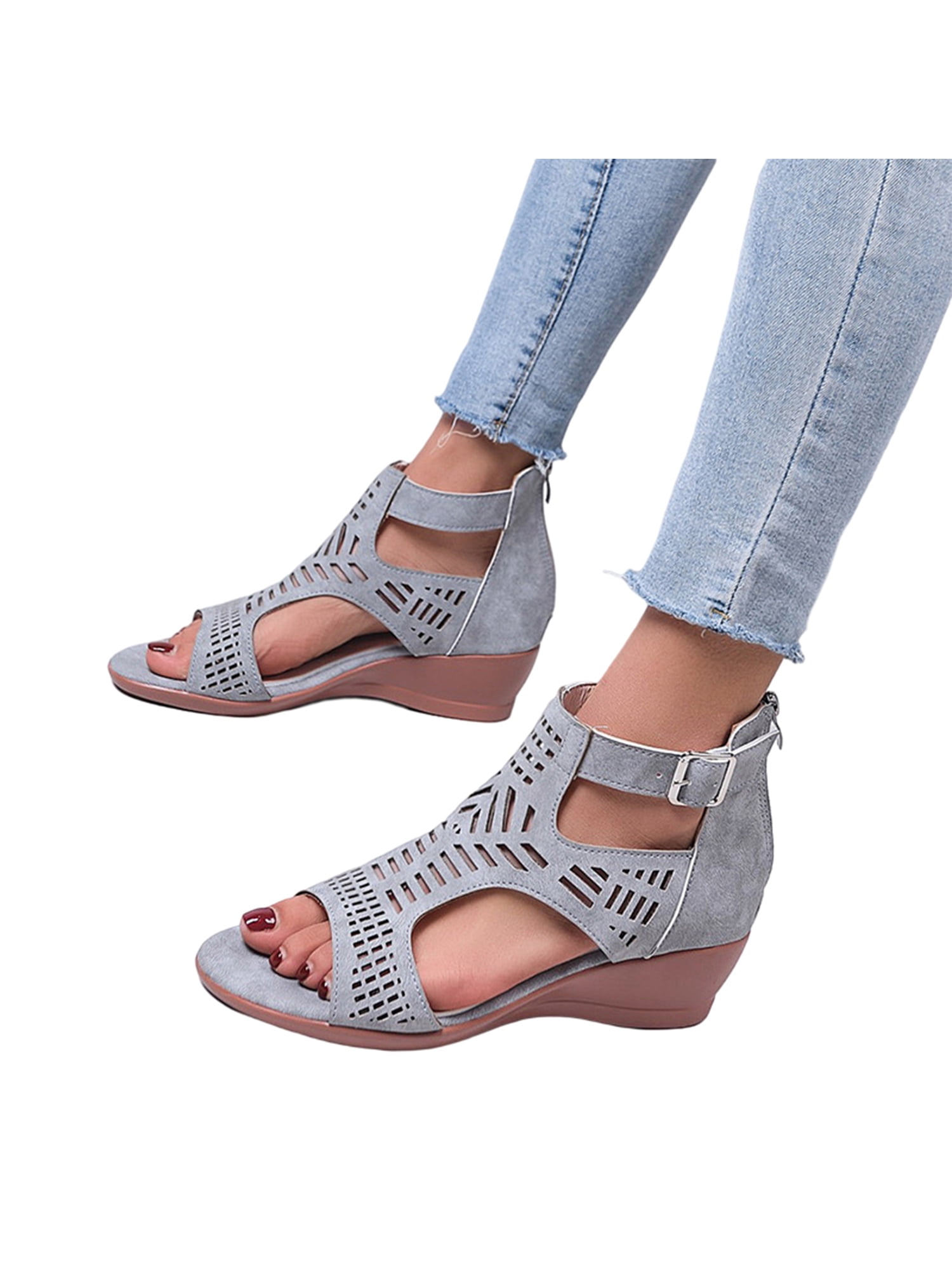 Womens Sandal T-strap Summer Shoes Wedge Heel Platform Peep Toe Strappy Size5-10