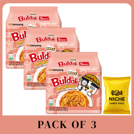 Samyang Buldak Rose Spicy Ramen Noodles, 5 Count (3 Pack), Korean Hot Chicken Flavor Instant Noodles-with candy pack