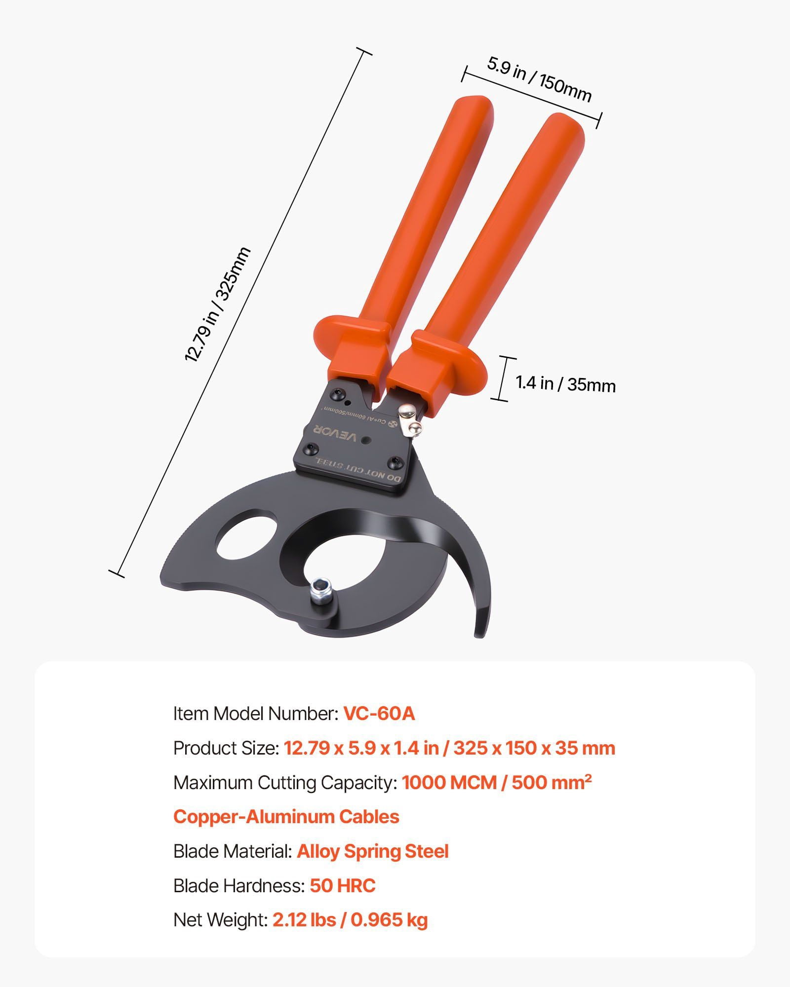 Ratcheting Cable Cutter, Spring Steel Blades with PVC-Coated Handles, Quick-Release Button, Heavy Duty Ratchet Cable Wire Cutter for Cutting Copper & Aluminum Cables Up to 1000 MCM / 500 mm²