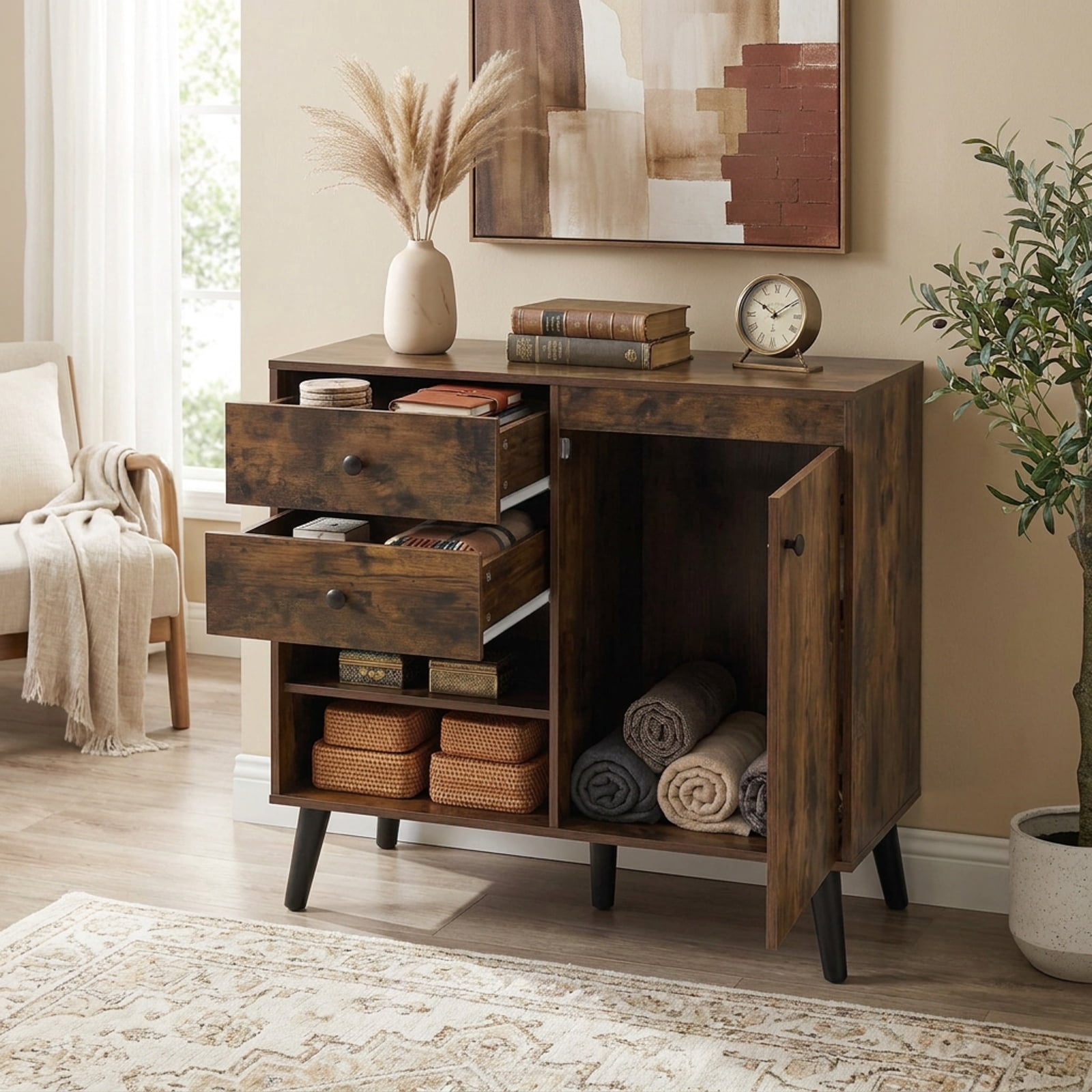 Furnibear 31" Sideboard Cabinet with 2 Open Compartments and 2 Drawers for Kitchen Dining Living Room Buffet Storage Server, Rustic Brown