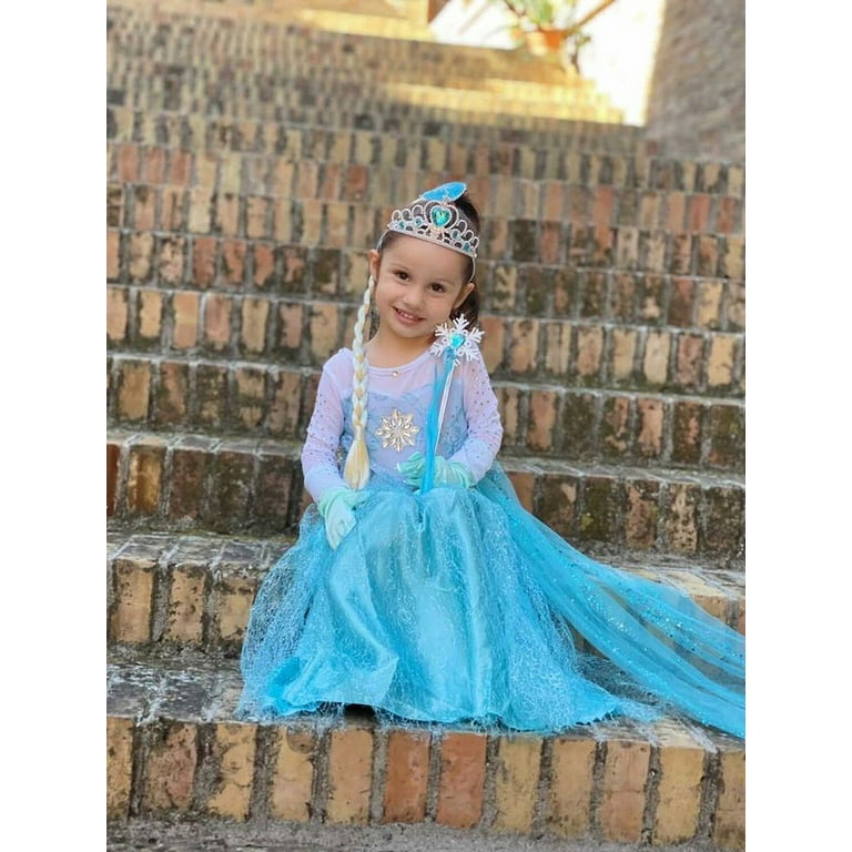 Jurebecia Elsa Costume for Girls Princess Birthday Party Blue Dress up Little Girls Christmas Halloween Cosplay Costume with Accessories 1 12 Years