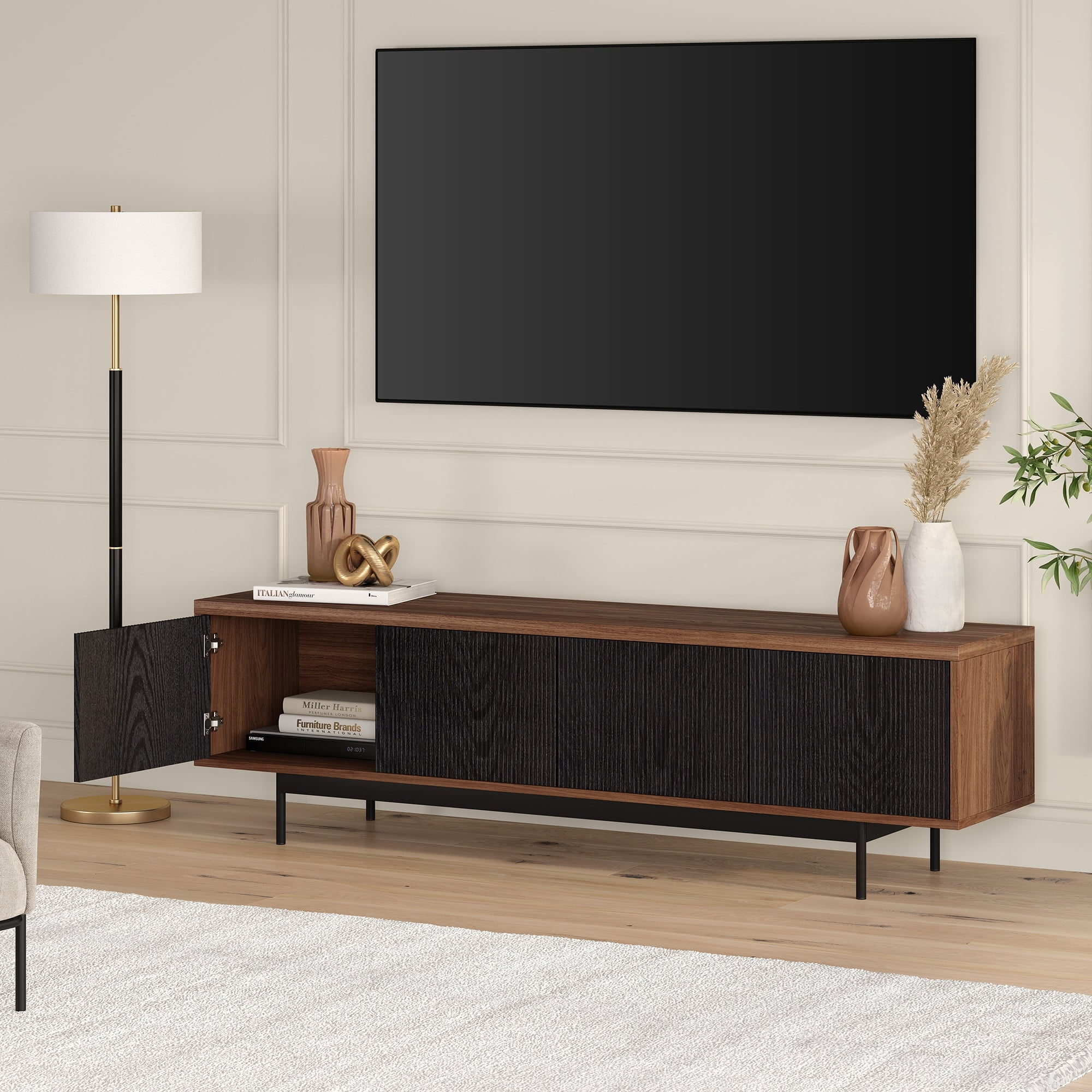 Heath & Cliff Whitman Rectangular TV Stand for TV's up to 75" - 70" Wide Satin Walnut/Black Grain