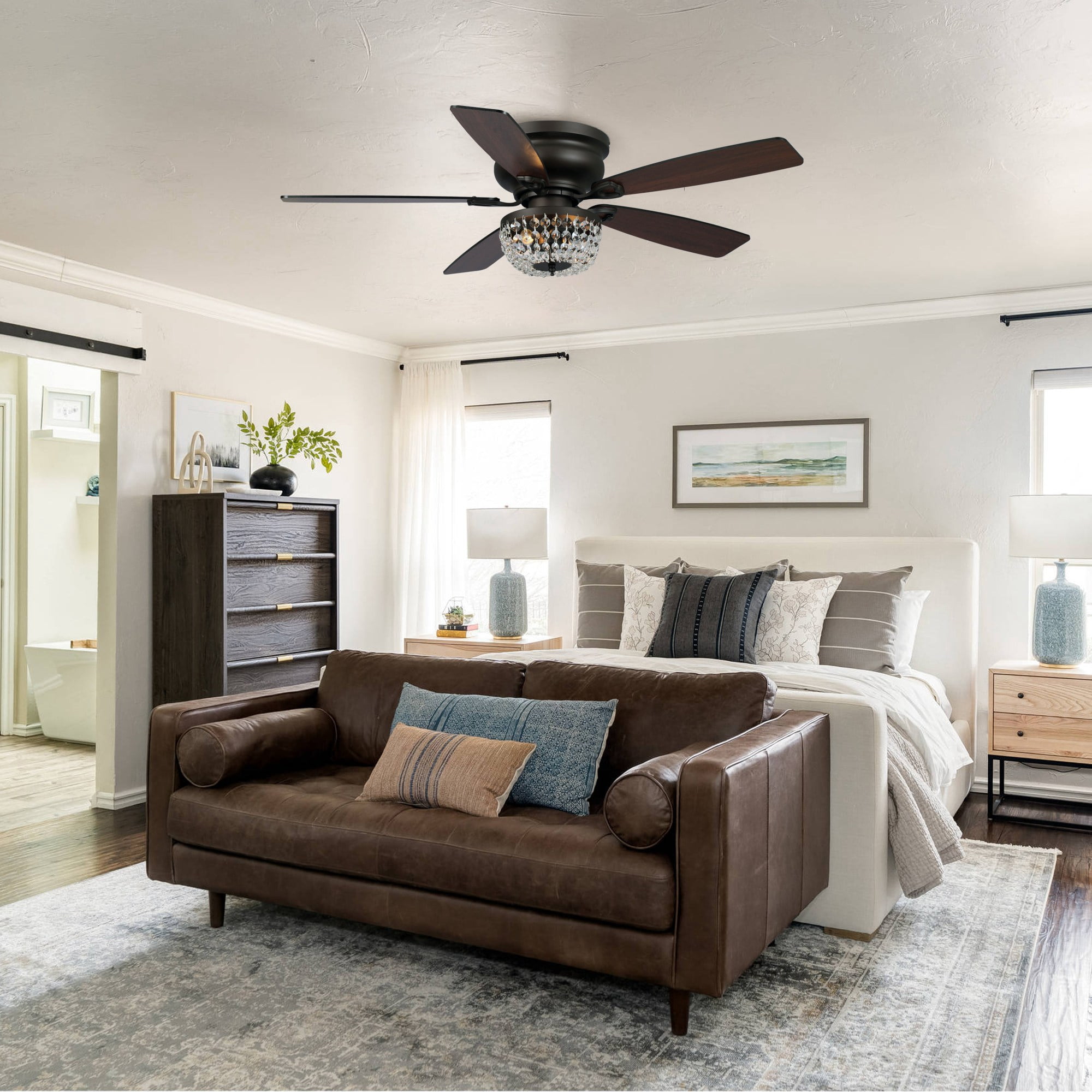 Parrot Uncle Modern 48 inch Bronze Flush Mount Ceiling Fan with Lights and Remote, Chandelier Ceiling Fan