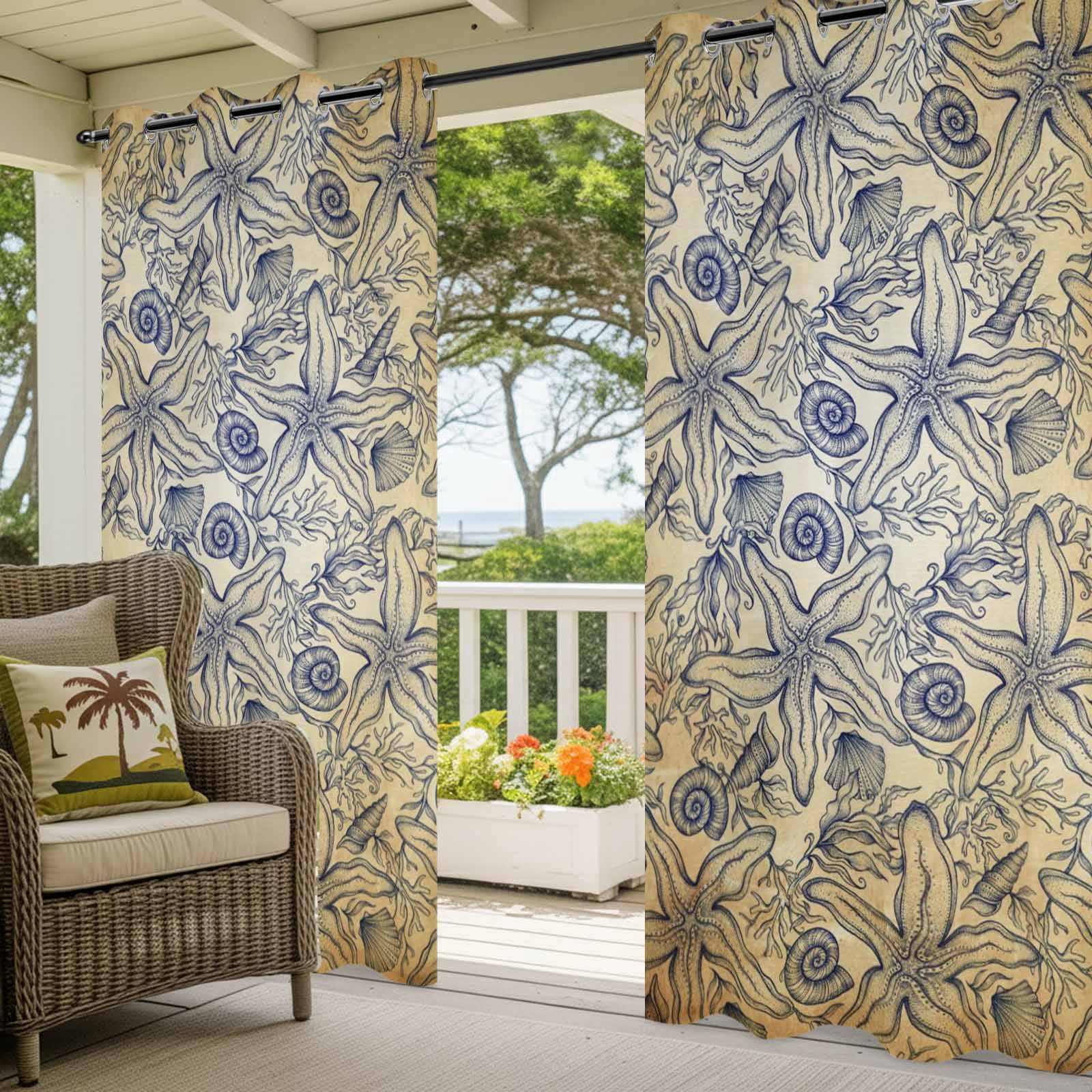 Vintage Ocean Flower Outdoor Curtains for Patio, Retro Nautical Brown Sea Shell Floral Sunshade Privacy Drapes Grommet Waterproof Outside Curtains for Porch/Cabana/Balcony 54"x 108", 1 Panel