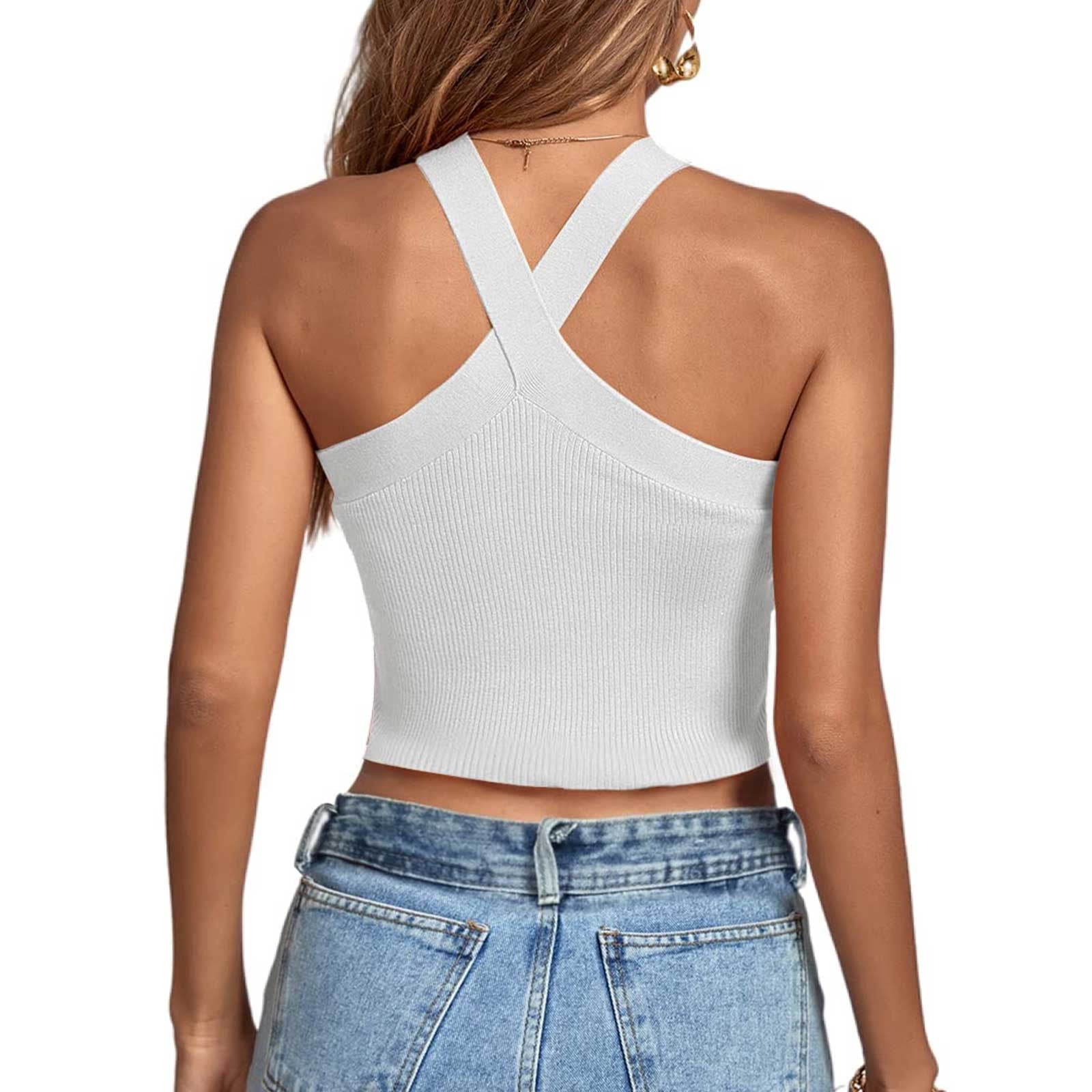 YYDGH Women's Criss Cross Halter Crop Top Ribbed Knit