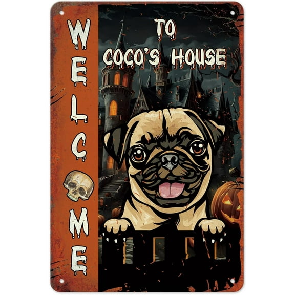 Happy Halloween Vintage Metal Sign Pug Dog Welcome Tin Sign Retro Halloween Sign for Backyard Front Door Porch Outdoor Decoration 12 x 8 Inch