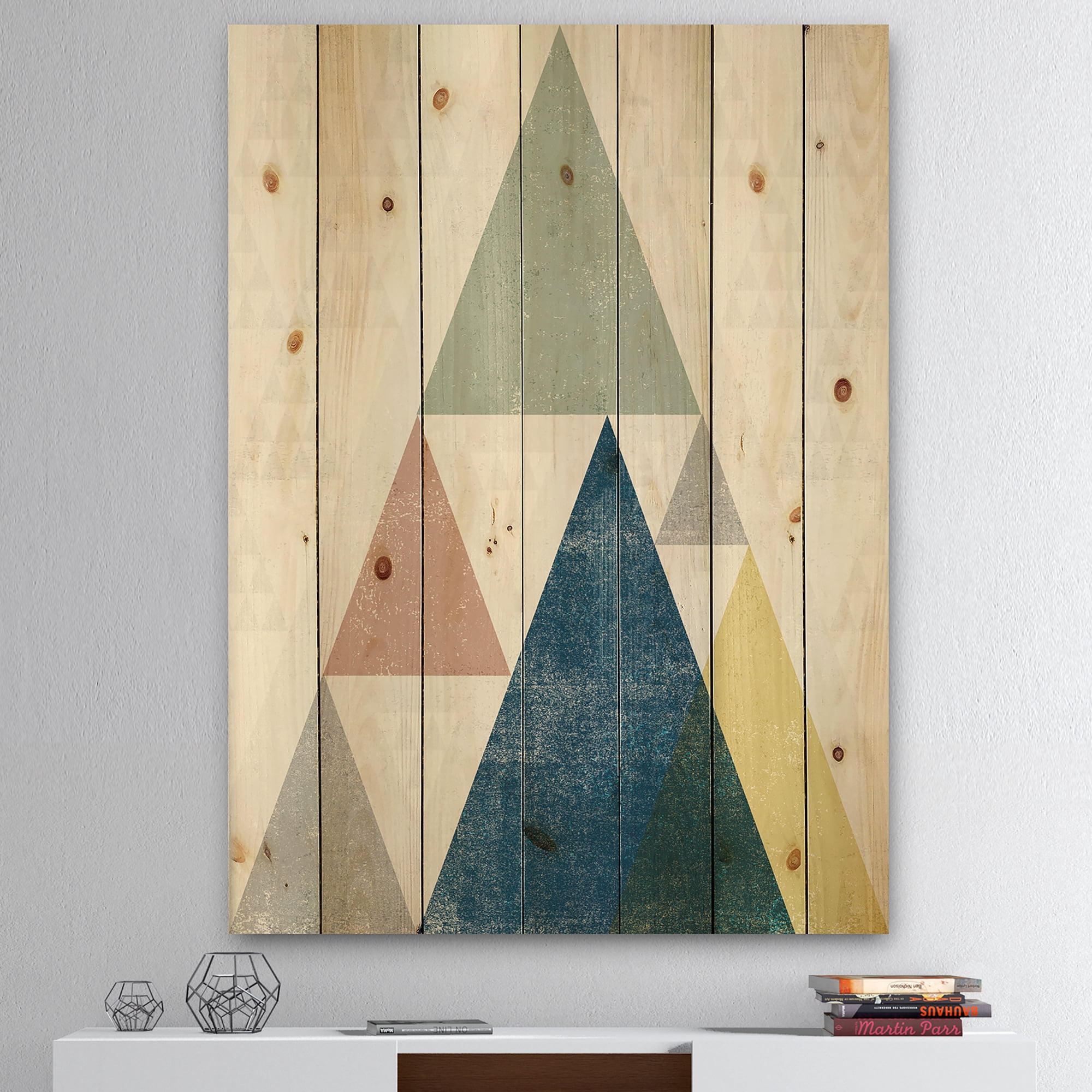 Designart 'Composition Geometrical Triangles I' Modern & Transitional Print on Natural Pine Wood