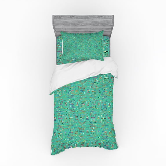 Abstract Duvet Cover Set, Colorful Native Pattern Inspired Geometric Motif Intersecting Lines Flowers, Bedding Set with Shams and Fitted Sheet, 3 Sizes, by Ambesonne