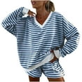 thumbnail image 3 of Bovxnpu Summer Casual Outfits For Women, Oversized Lounge Sets 2 Piece Outfits Sweatsuit, Casual Striped Suit Long-sleeved V-neck Loose Top Sports Shorts Suit S, 3 of 8