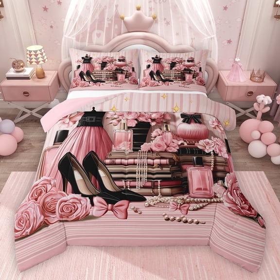 jejeloiu Perfume High Heels Bedding Comforter Set,Romantic Valentine Rose Twin Comforter Sets,Pink Flowers Floral Bedding Set For Girls Kids,Super Cozy Room Decor Reversible,2pcs