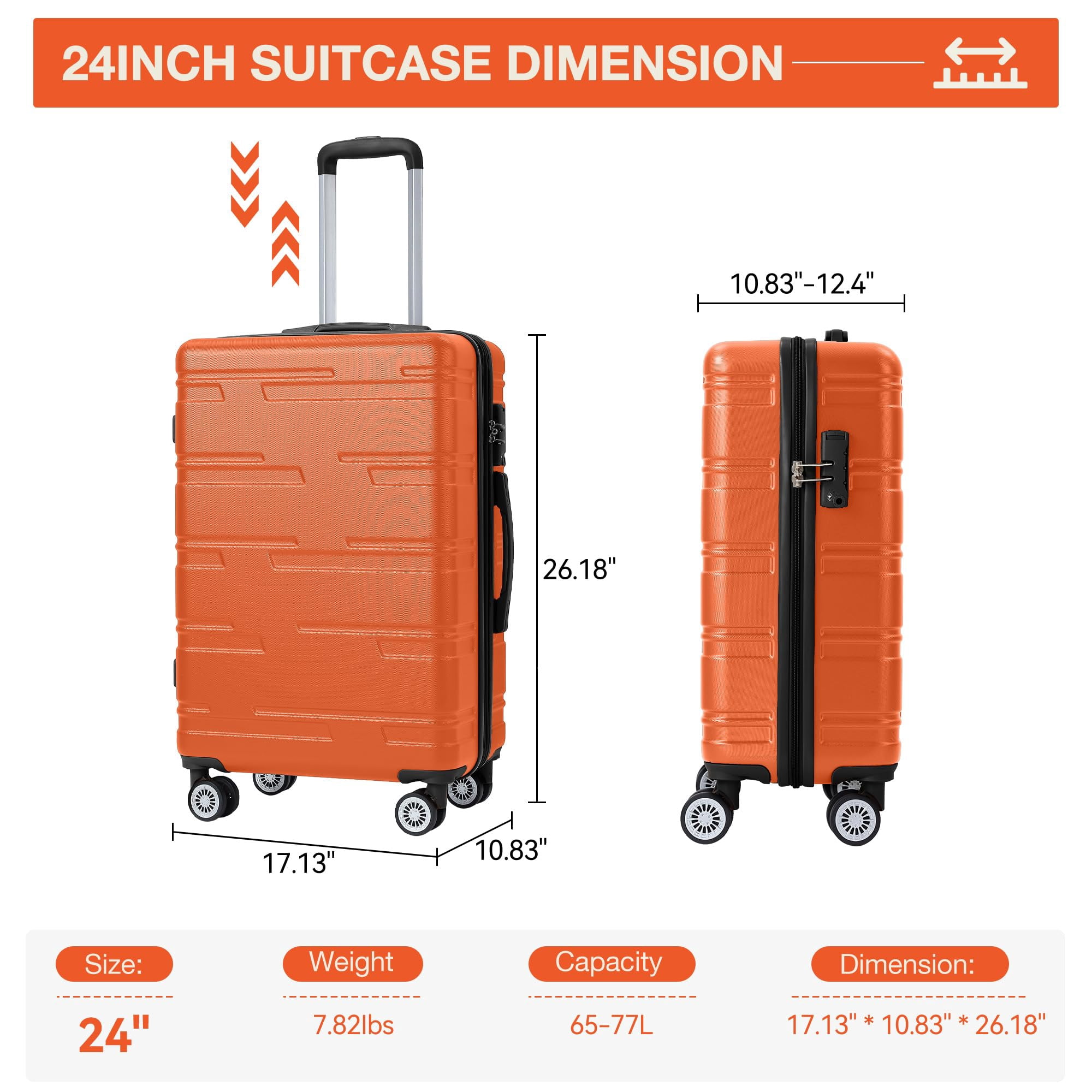24" Expandable Hard Shell Carry On Luggage with No Noise Spinner Wheels, 77L ABS Hardside Carry On Suitcase with TSA Lock, Lightweight Hardshell Suitcase with Adjusts in 3 Stages for Trips, Vacations