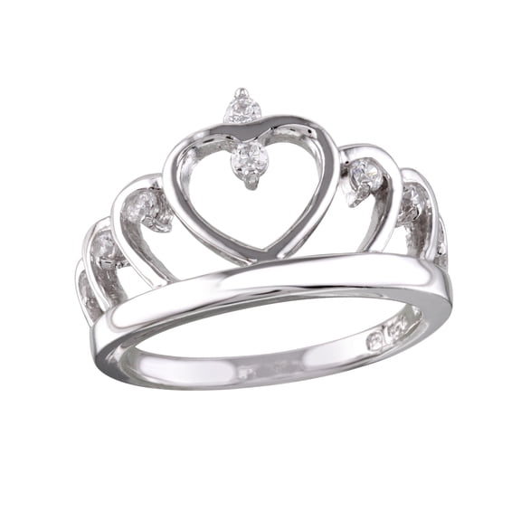 Rhodium Plated 925 Sterling Silver Heart Crown Ring Clear CZ Band White Jewelry Female Size 7