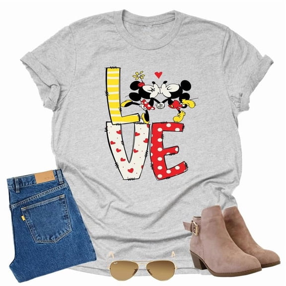 Mickey Minnie Love, Valentine Shirt Unisex Short Sleeve Shirt (Grey-Large)