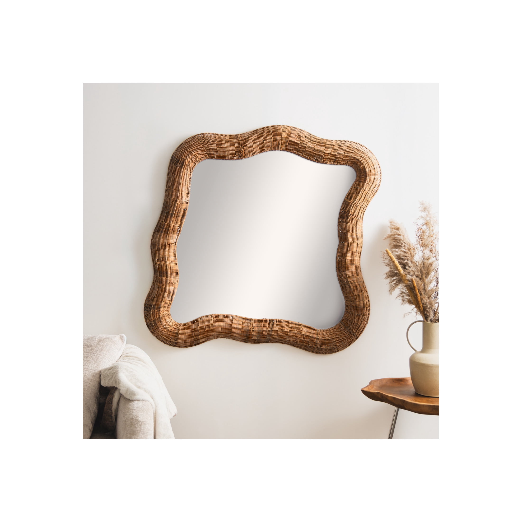 DecMode 42" x 41" Beige Handmade Woven Beveled Wall Mirror
