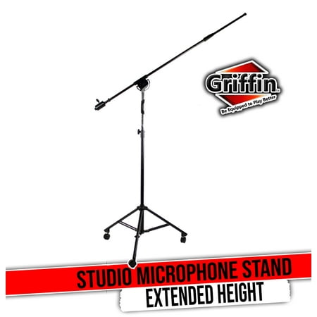 Professional Studio Rolling Microphone Boom Stand with Casters by Griffin - Heavy Duty Recording Mic Holder Tripod on Wheels Telescoping Arm Mount & Retractable Legs for Vocals, Choir, Overhead Drums