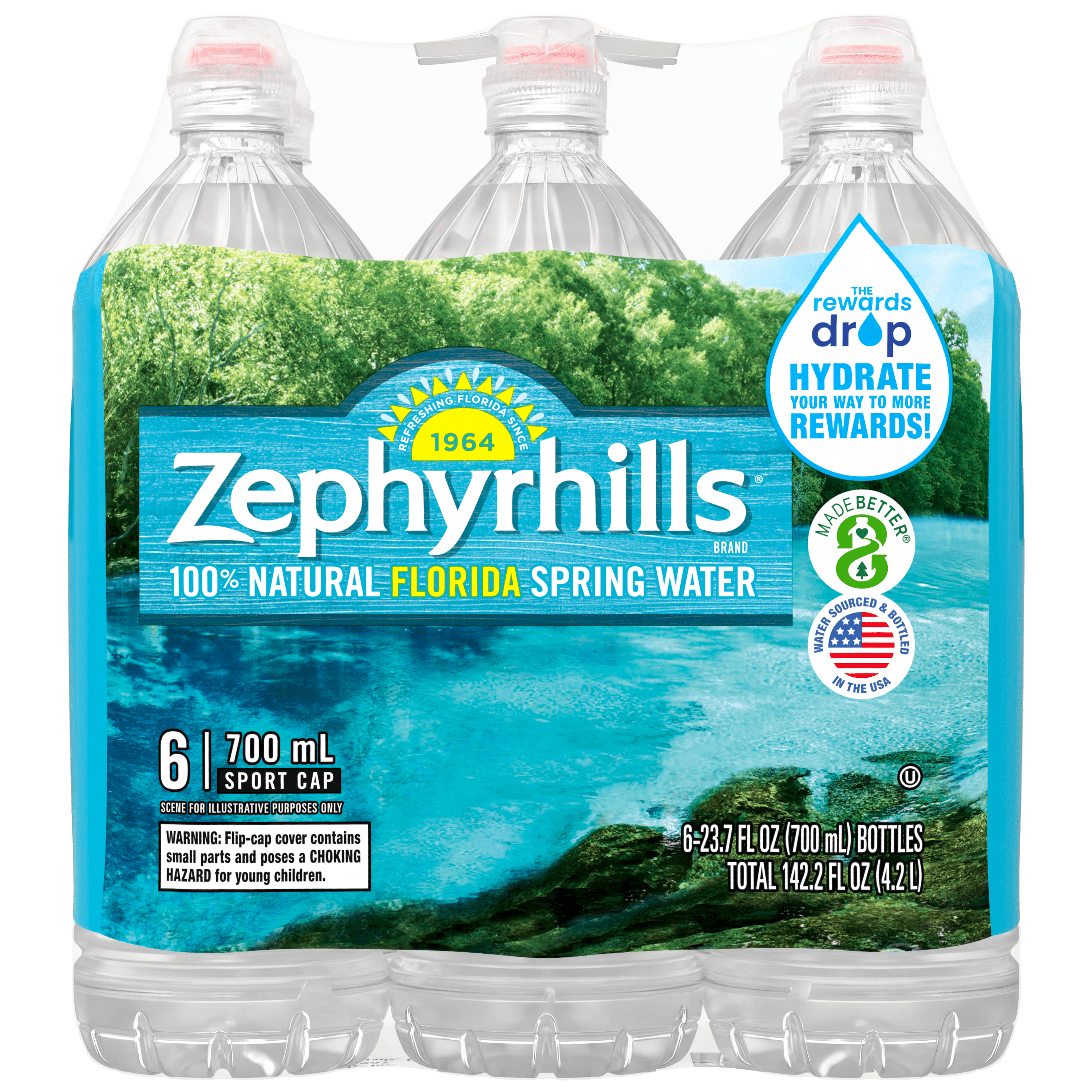 (4 pack) Zephyrhills Florida Spring Water, Sport Cap, 23.7 fl oz, 6-pack Plastic Bottles