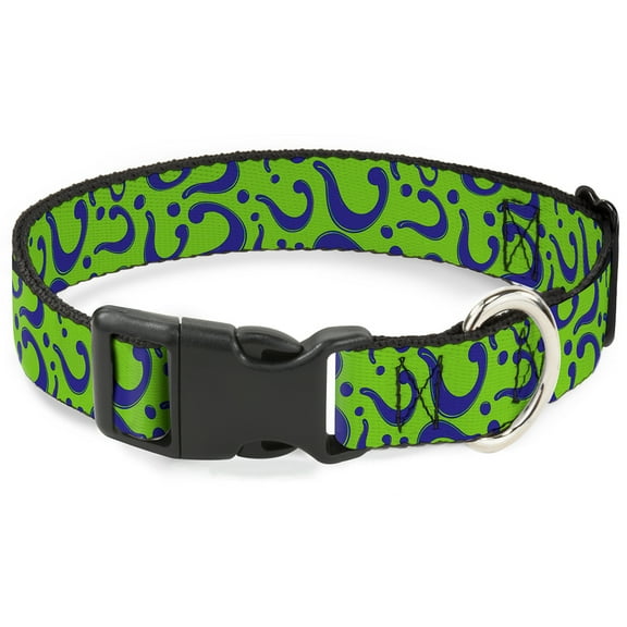 DC Comics Pet Collar, Dog Collar Plastic Buckle, Question Mark Scattered Lime Green Purple, 13 to 17 Inches 1.5 Inch Wide