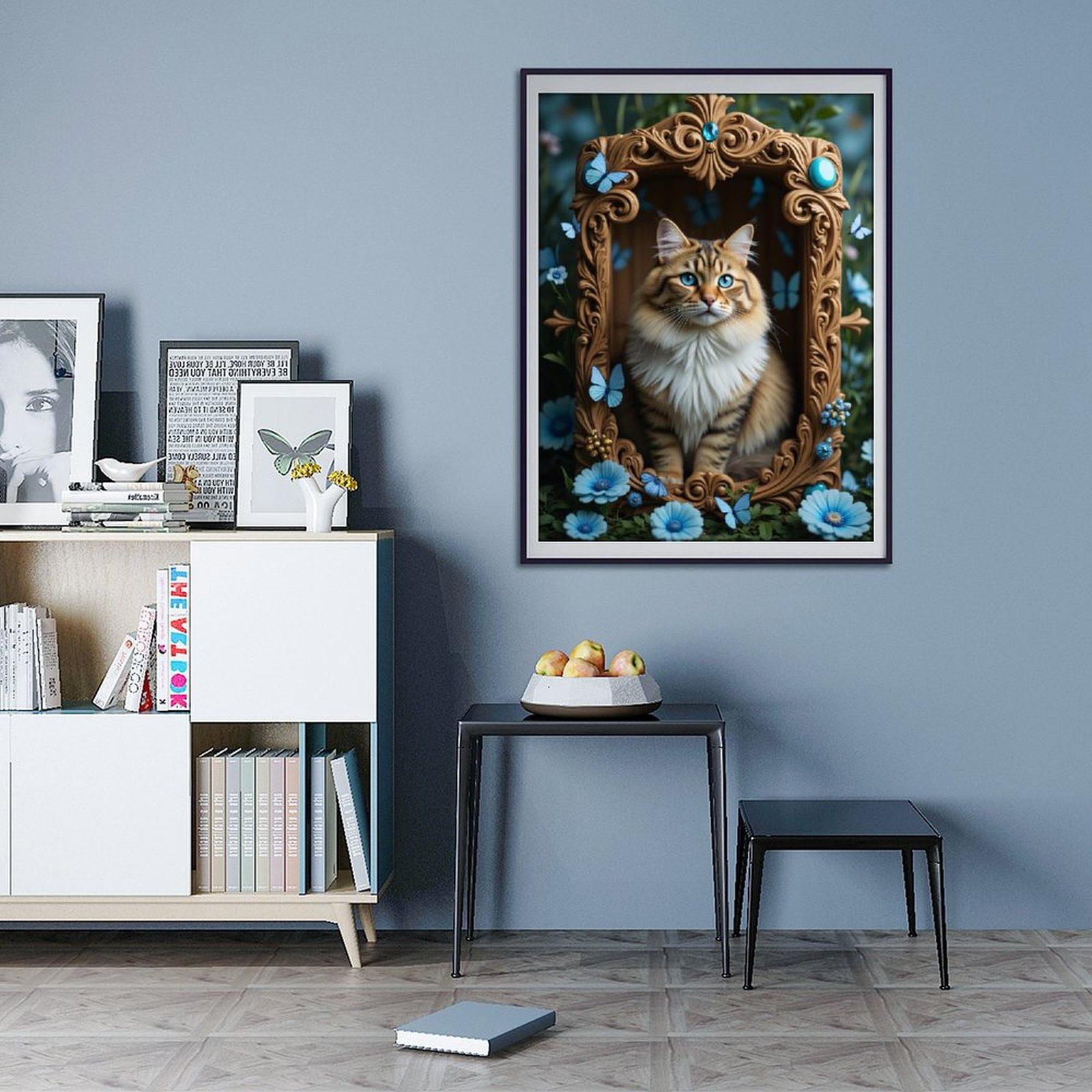 Diamond Art Kit for Adults, Blue Butterflies Framed Cat Scenery Diamond Painting for Adults Beginners, 5D DIY Diamond Art Painting Kits, Colorful Diamond Painting Craft for Home Decor 12x16