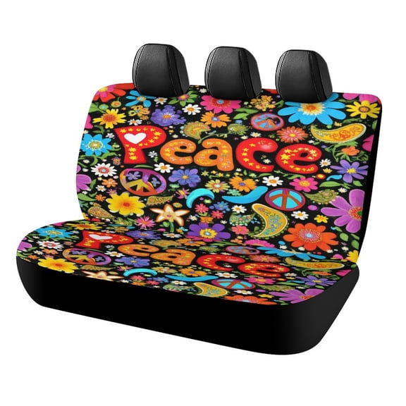 Peace Floral Hippie Pattern Car Rear Seat Covers Back Elastic Flexible Car Seat Covers Decorative Fits Most Cars, SUVs, Trucks And Vans