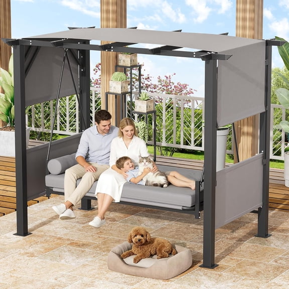 Haverchair 2-in-1 Convertible Patio Swing Bed with Stand & Adjustable Canopy - 3-Seat Outdoor Hanging Hammock Chair with Thickened Cushion for Porch, Backyard, Garden