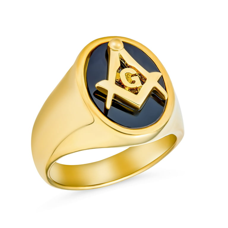Secret Society Square Compass Black Oval Mens Signet Freemason Masonic Ring  for Men 14K Gold Plated Stainless Steel
