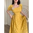 thumbnail image 5 of Yellow Womens Square Neck Puff Sleeve Fit & Flare Midi Dress With 3D Floral Embellishment, 5 of 6
